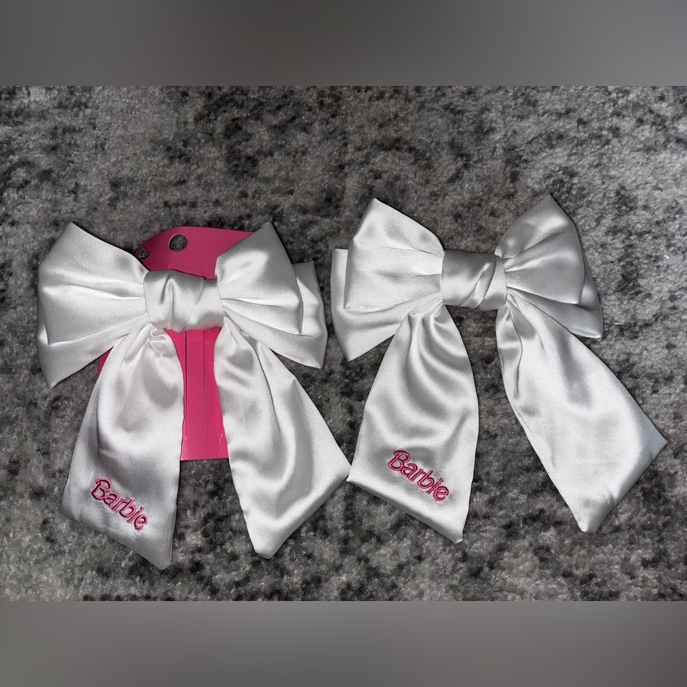 NWT Barbie White Satin Hair Bow Clips with Pink Embroidery Set of 2 by Mattel